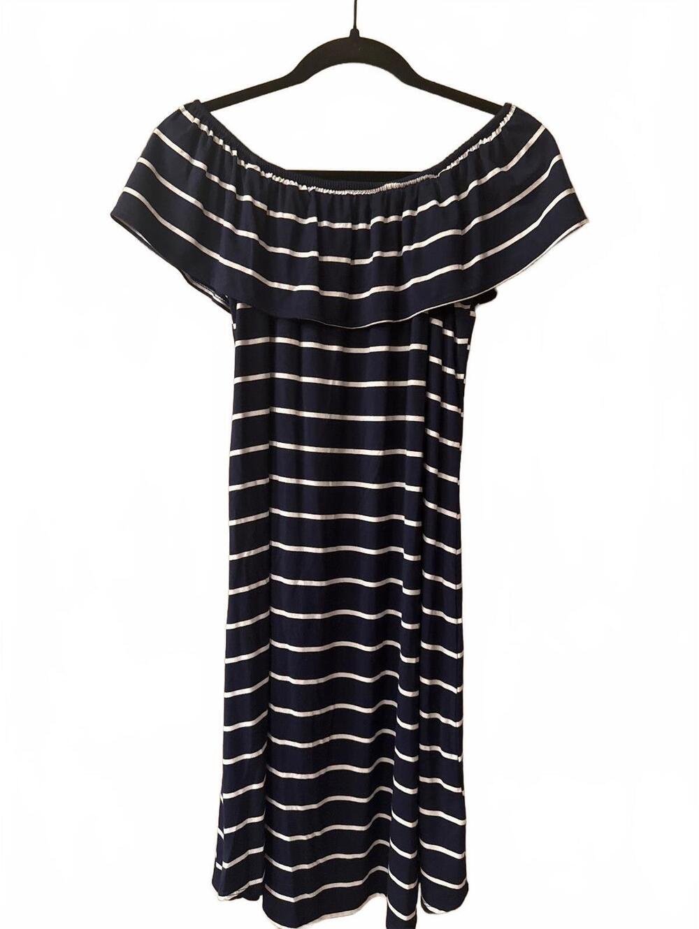 Neiman Marcus Medium Navy Blue and White Striped Off-Shoulder Dress